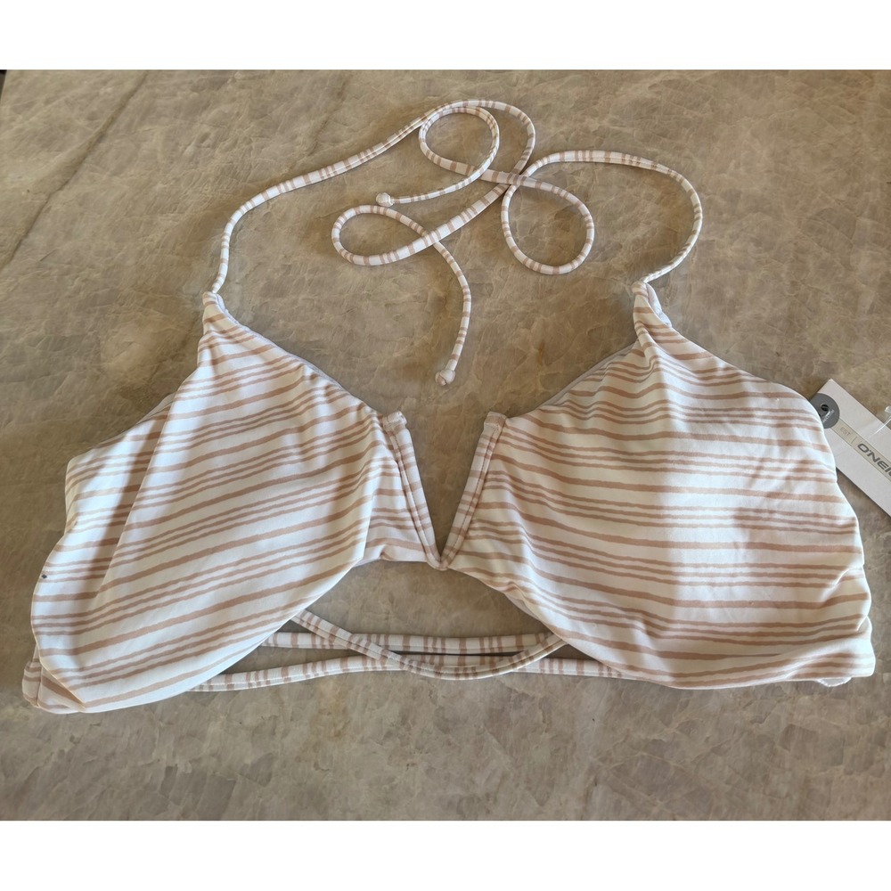 O'Neill Bodega Halter Bikini Top Sand White Striped Strappy Back NWT Sz XL